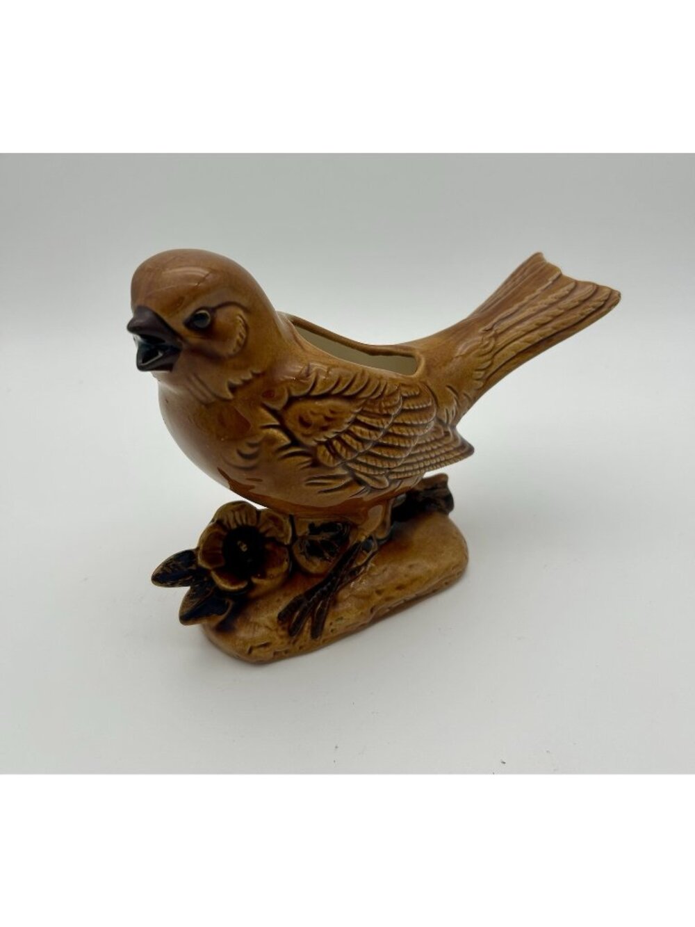 Vintage Glossy Brown Ceramic Bird with Flowers Planter-6.5" x 8" x 3"